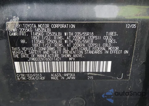 2006 Toyota Rav4 Sport из США, поврежденный, VIN JTMBD32V765011421